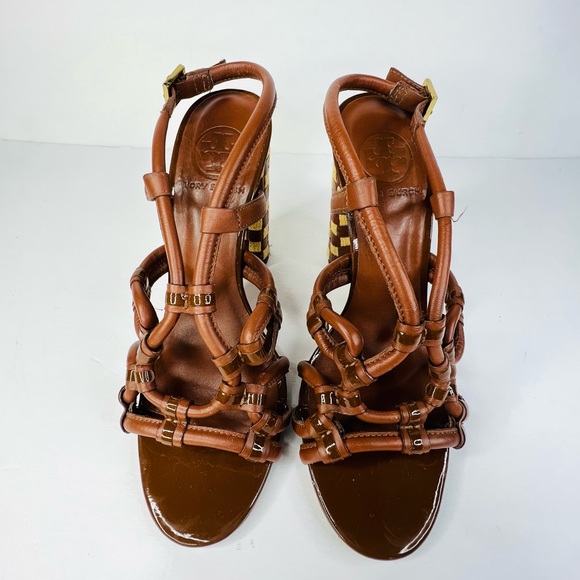 Tory Burch LAYCE Almond Woven Canvas Leather Heel Sandals - Size 6.5 - Picture 4 of 7